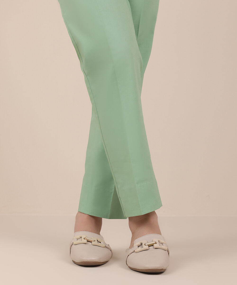 Women's Unstitched Cotton Solid Green Trousers