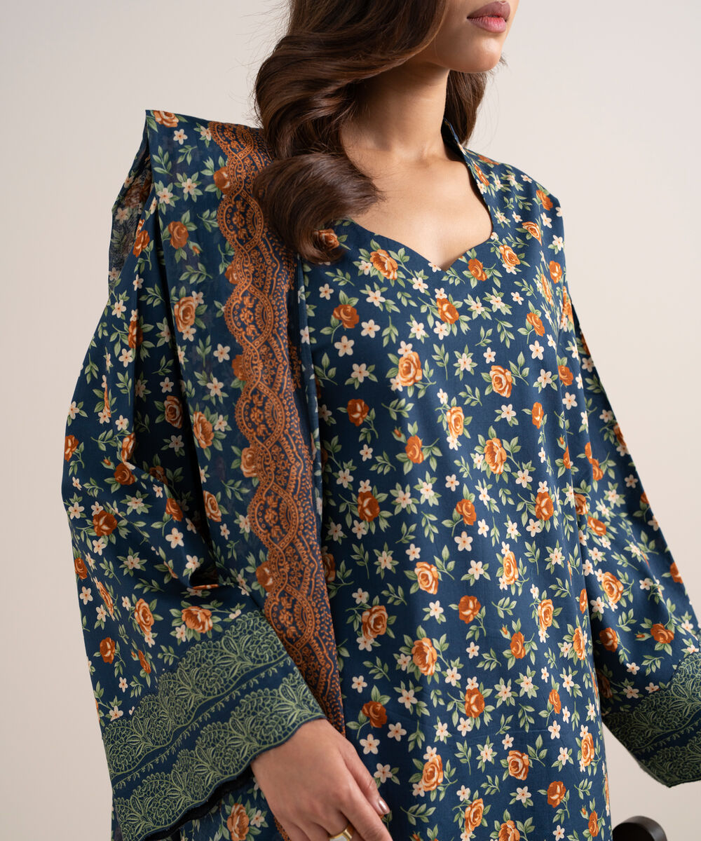 Women's Unstitched Lawn Printed Blue 3 Piece Suit