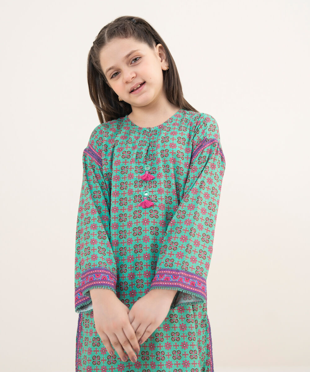 Girl's RTW Arabic Lawn Teal Printed 2 Piece Suit