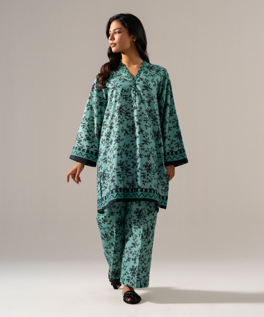 Women's RTW Khaddar Printed Seafoam Green 2 Piece Suit
