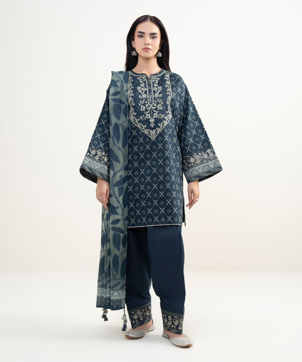 Women's Unstitched Lawn Embroidered Blue 3 Piece Suit