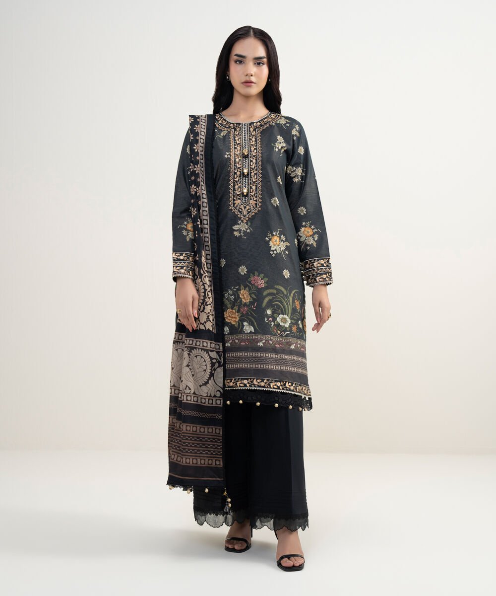 Women's RTW Zari Lawn Embroidered Black 3 Piece Suit