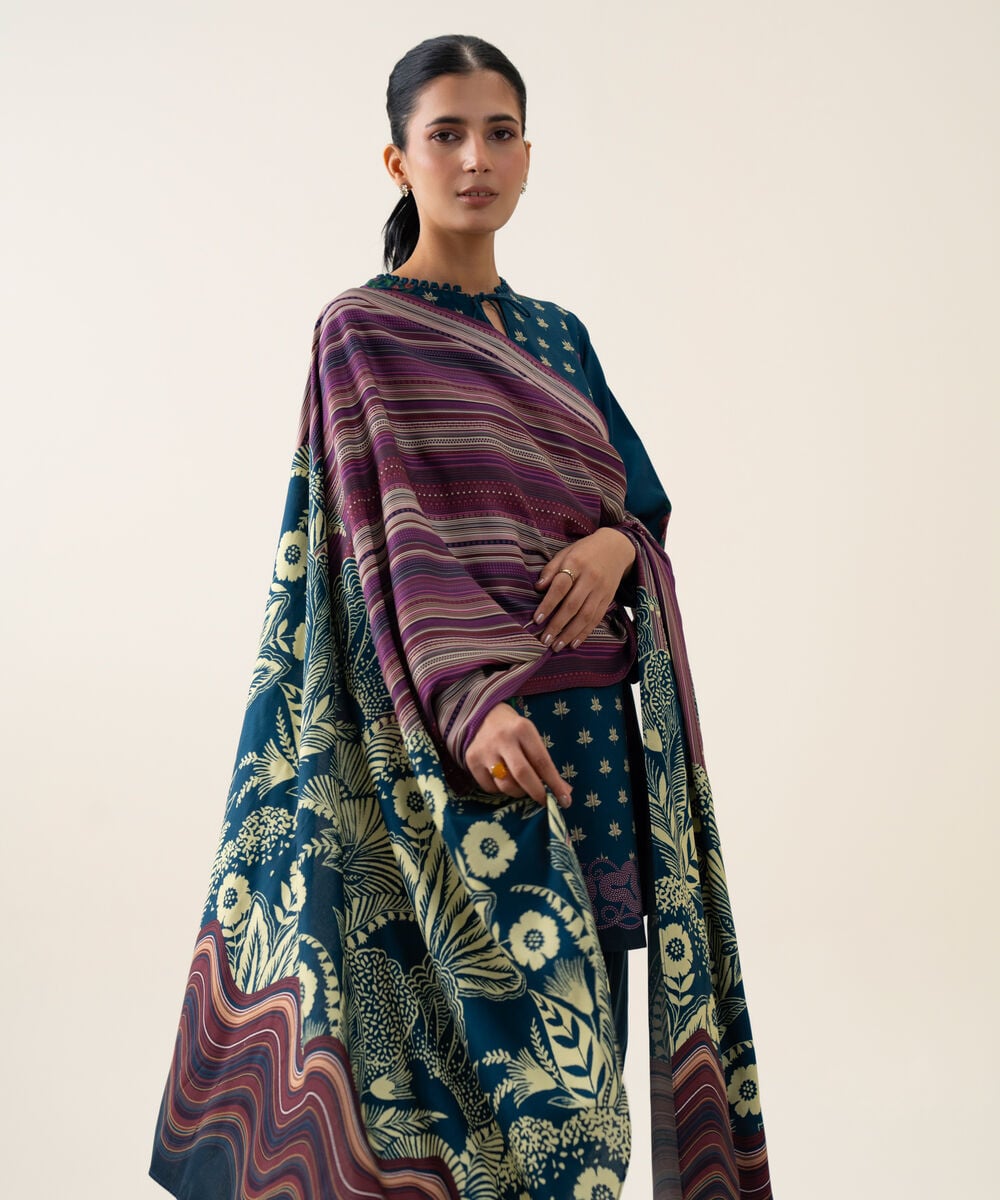 Womens Unstitched Viscose Linen Printed Dark Blue 3 Piece Suit