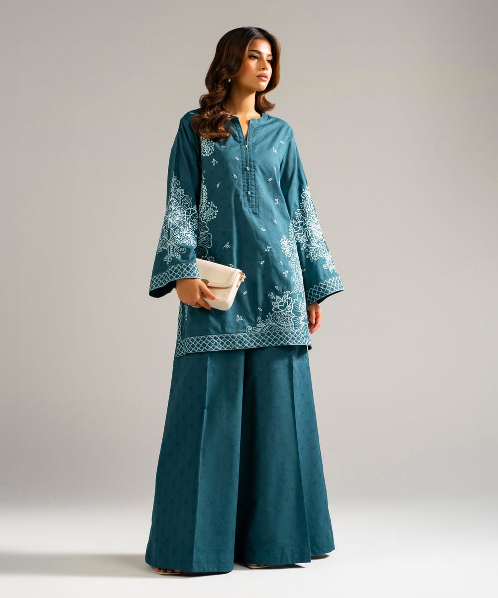 Women's RTW Self Jacquard Embroidered Teal 2 Piece Suit