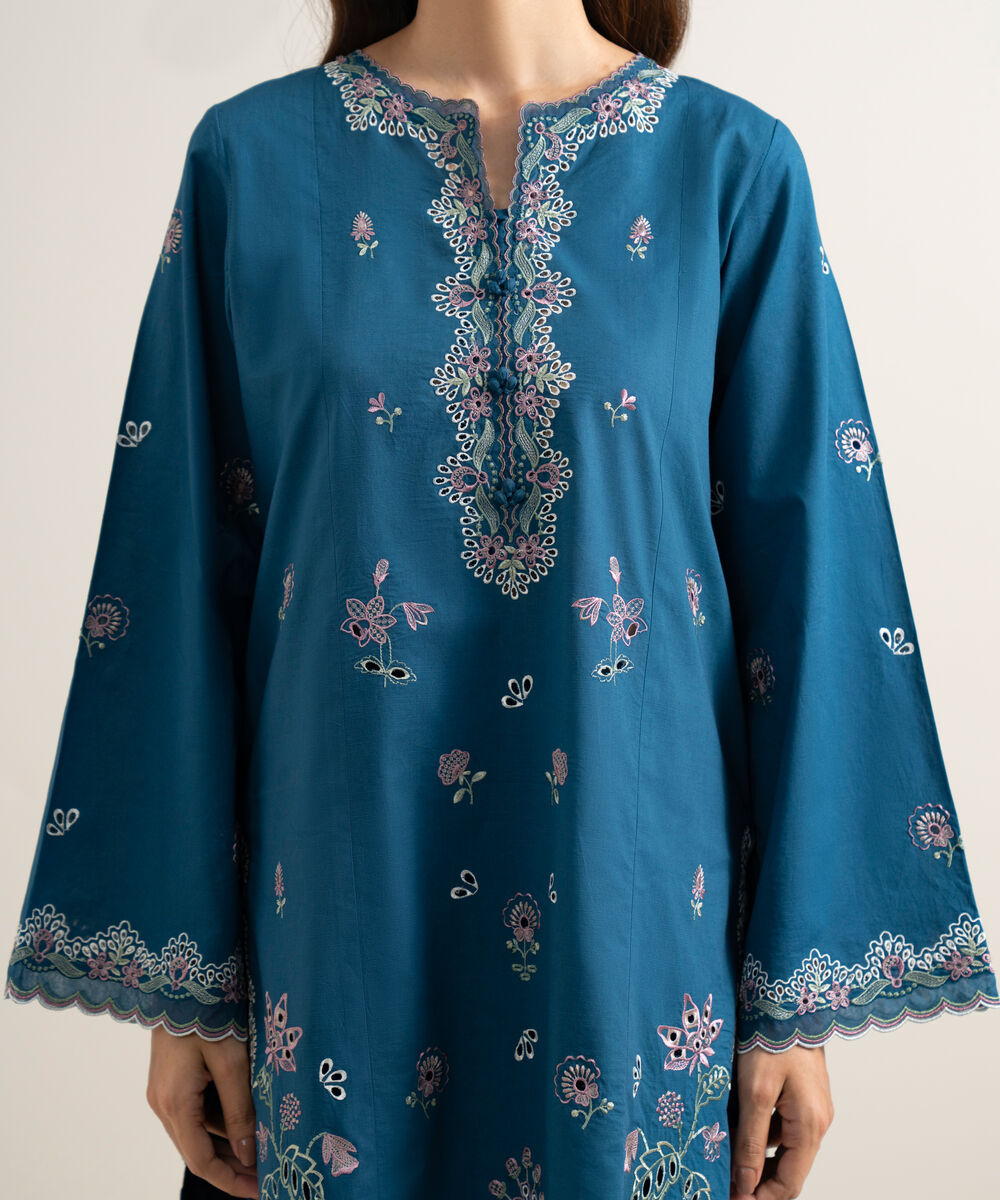 Women's Unstitched Lawn Embroidered Blue  3 Piece Suit