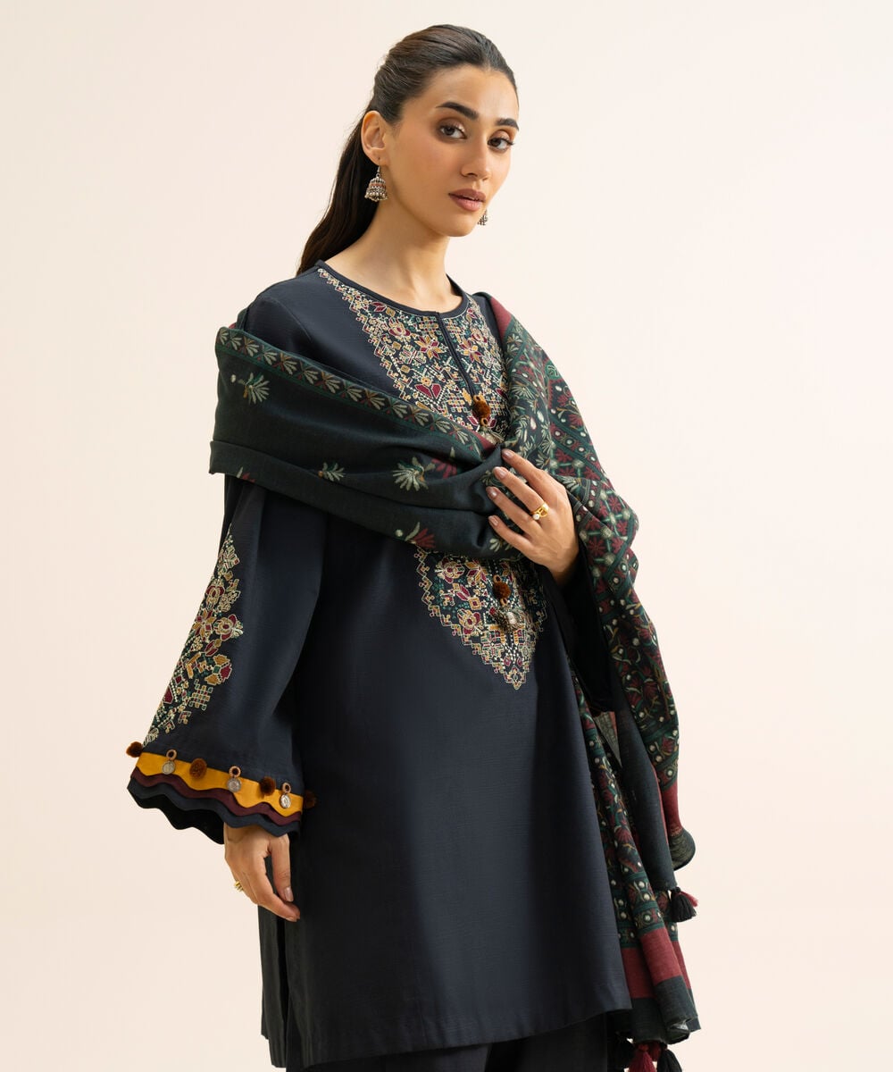 Women's Unstitched Light Khaddar Embroidered Black 3 Piece Suit