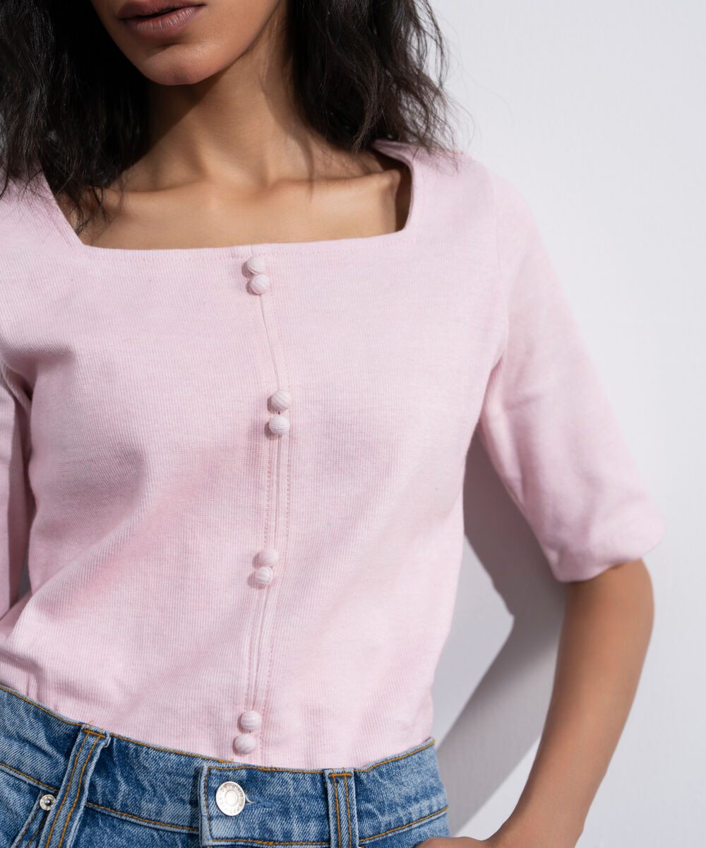Women's Pink Square Neck Ribbed Top