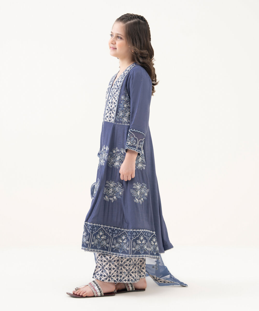 Girl's Viscose Raw Silk Embroidered Blue Three Piece Suit