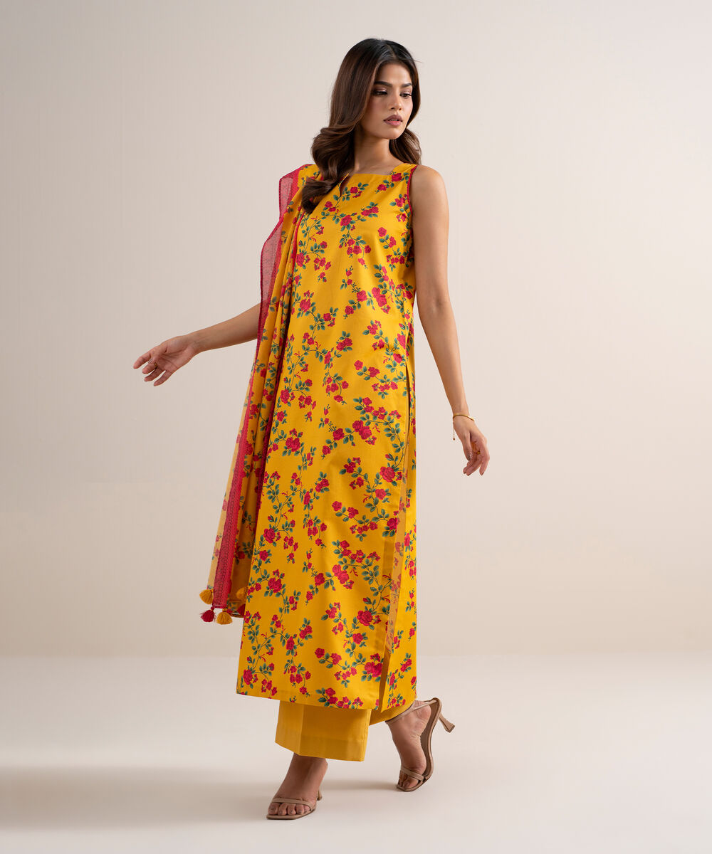 Women's Unstitched Lawn Printed Yellow 3 Piece Suit
