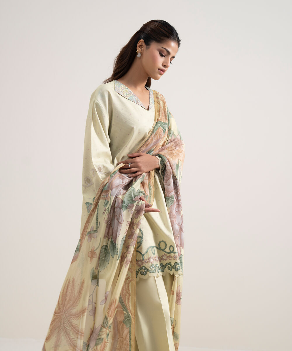Women's Unstitched Dobby Embroidered Light Yellow 3 Piece Suit