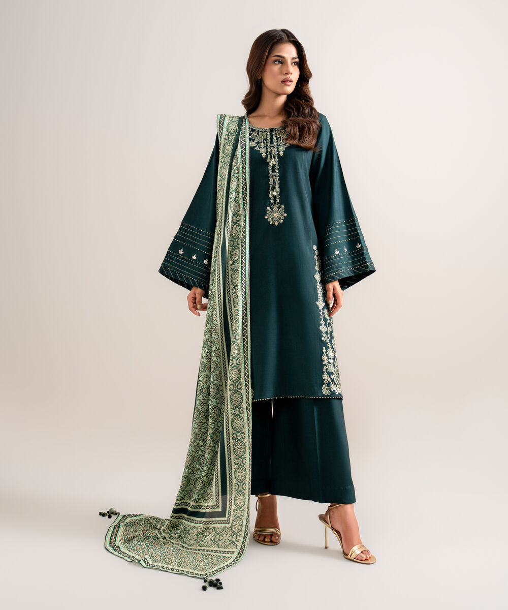 Women's Unstitched Embroidered Linen Teal Green 3 Piece Suit