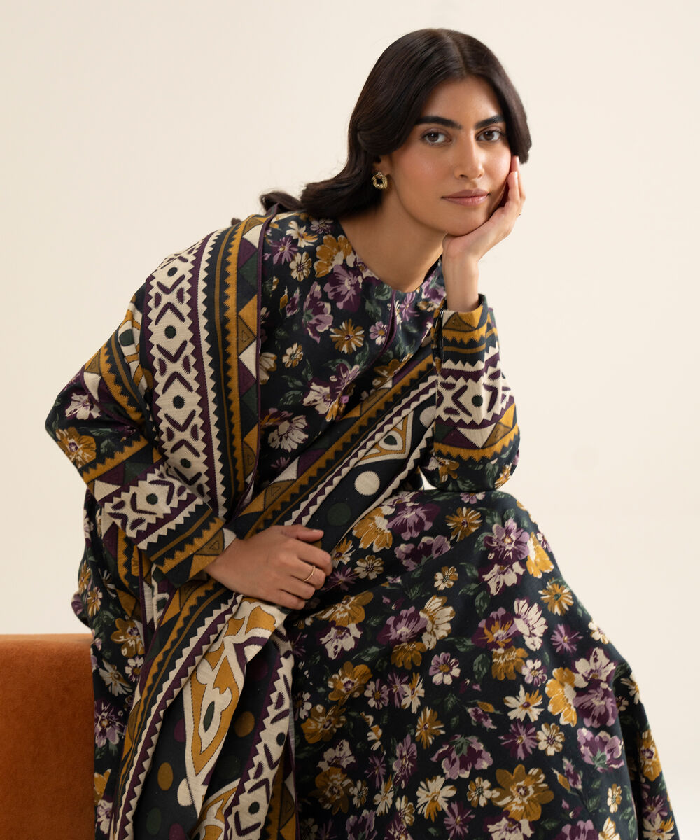 Women's Unstitched Lawn Printed Black 3 Piece Suit