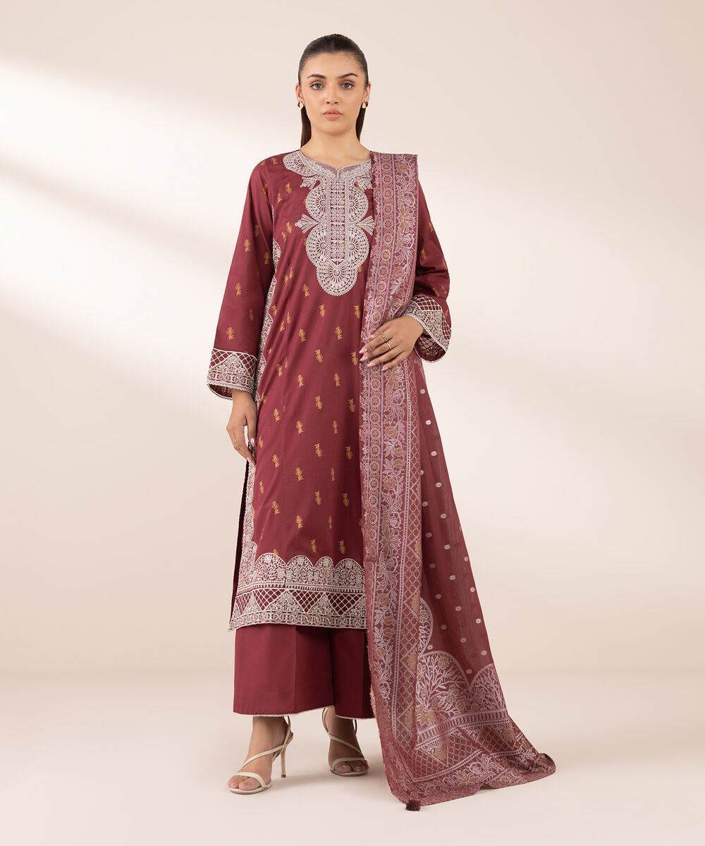 Women's RTW Lawn Red Embroidered A-Line Shirt