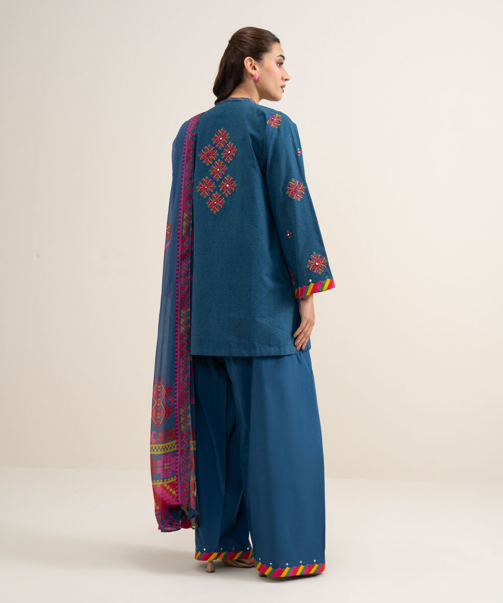 Women's Unstitched Lawn Embroidered Blue 3 Piece Suit