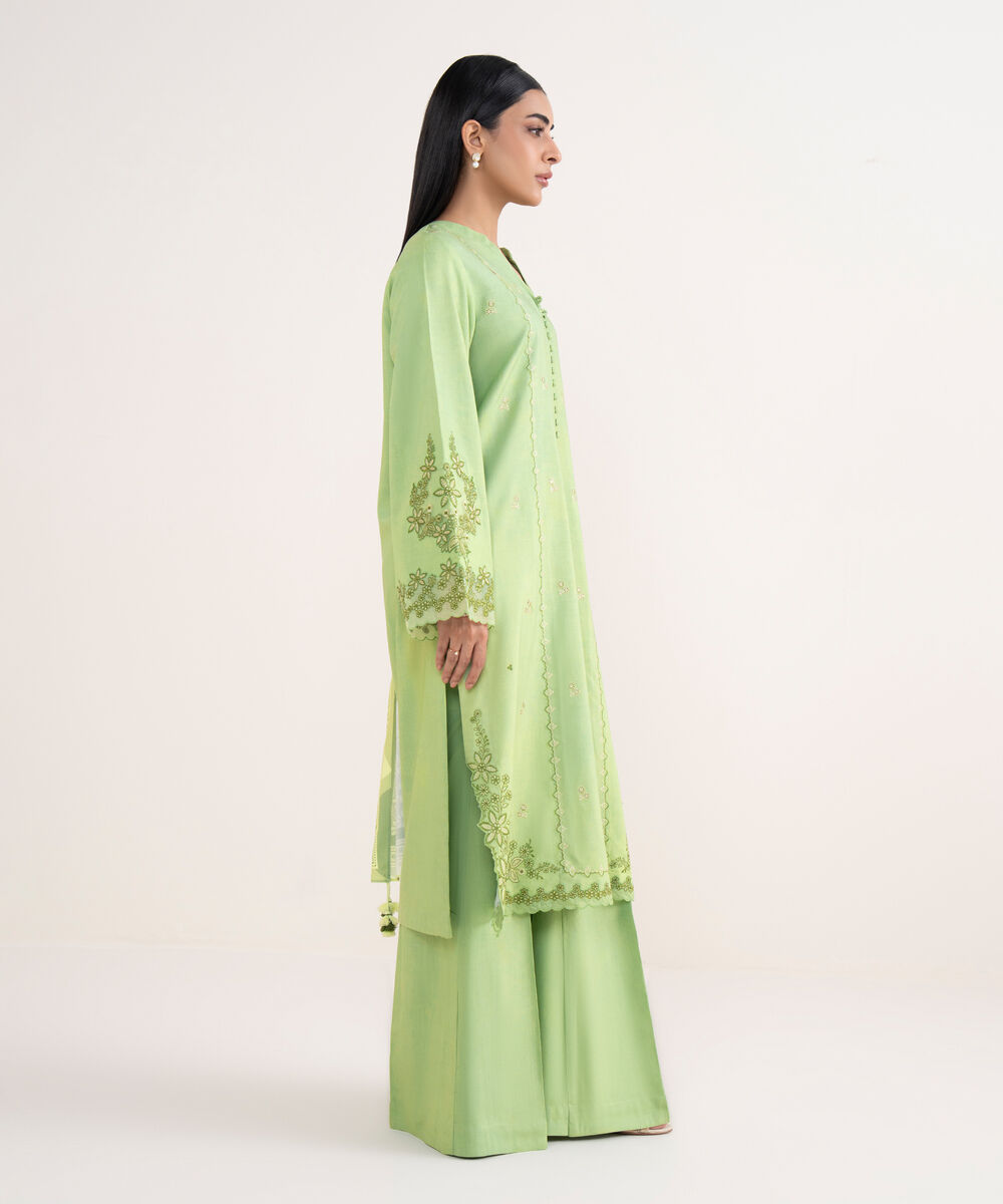 Women's Unstitched Linen Embroidered Green 3 Piece Suit
