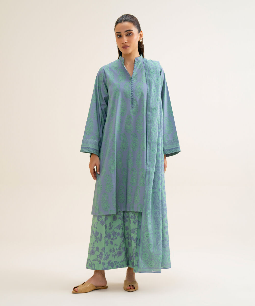 Women's Unstitched Cotton Viscose Printed Blue 3 Piece Suit