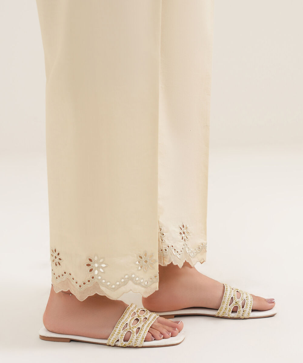 Women's Unstitched Cotton Printed Beige Trousers Fabric