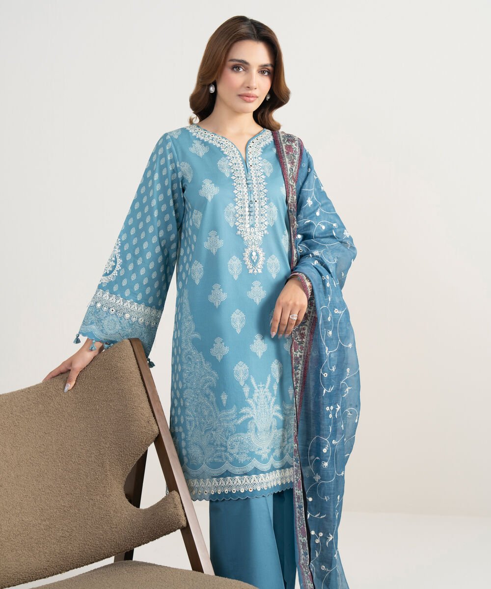 Women's Unstitched Lawn Embroidered Blue 3 Piece Suit