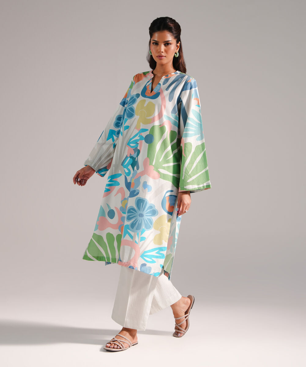 Women's RTW Seersucker Printed Grey 2 Piece Suit