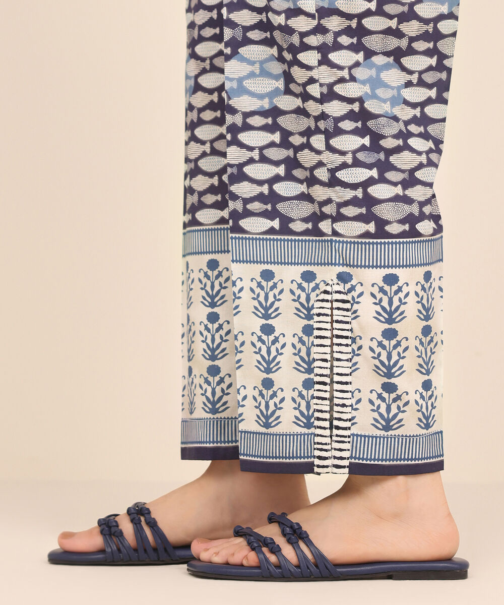 Women's RTW Cambric Blue Printed Straight Pants