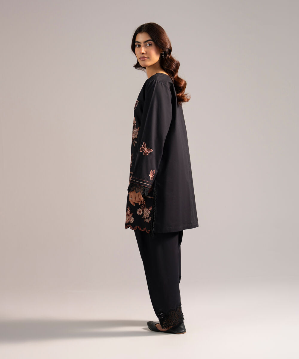 Women's RTW Cotton Viscose Embroidered Black Straight Shirt