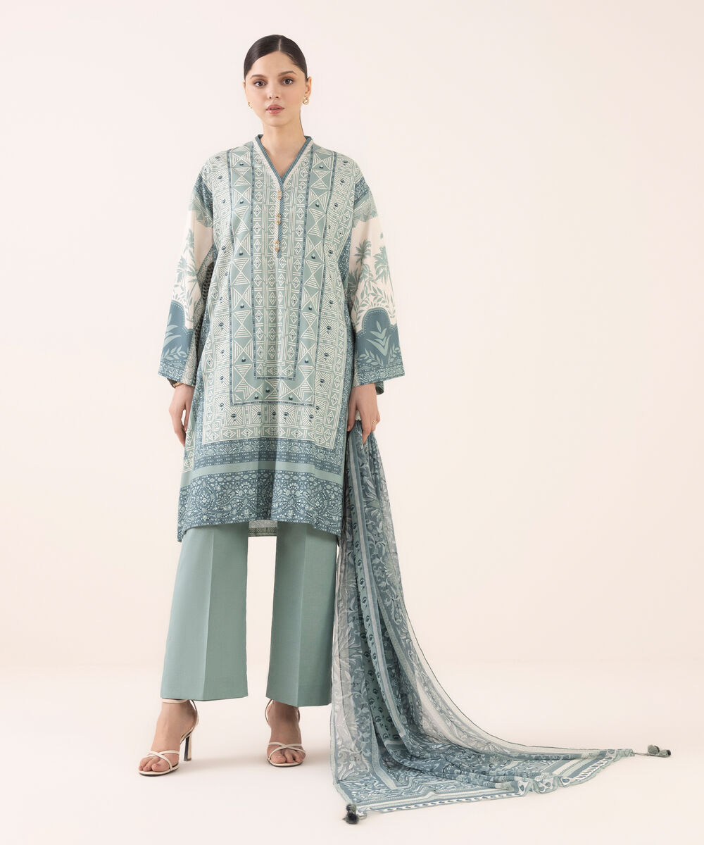 Women's Unstitched Arabic Lawn Printed Grey 3 Piece Suit