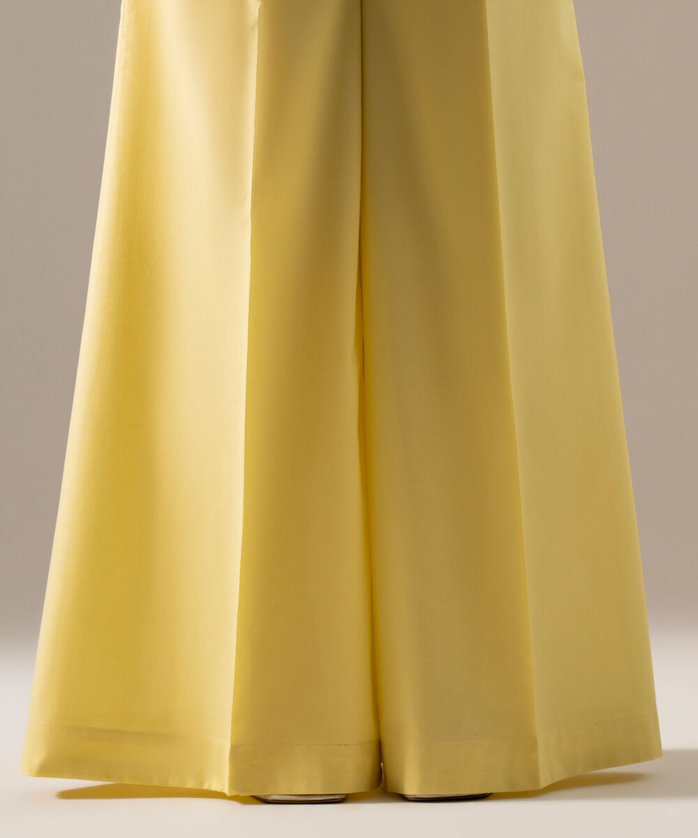 Women's RTW Cambric Solid Pale Yellow Flared Pants