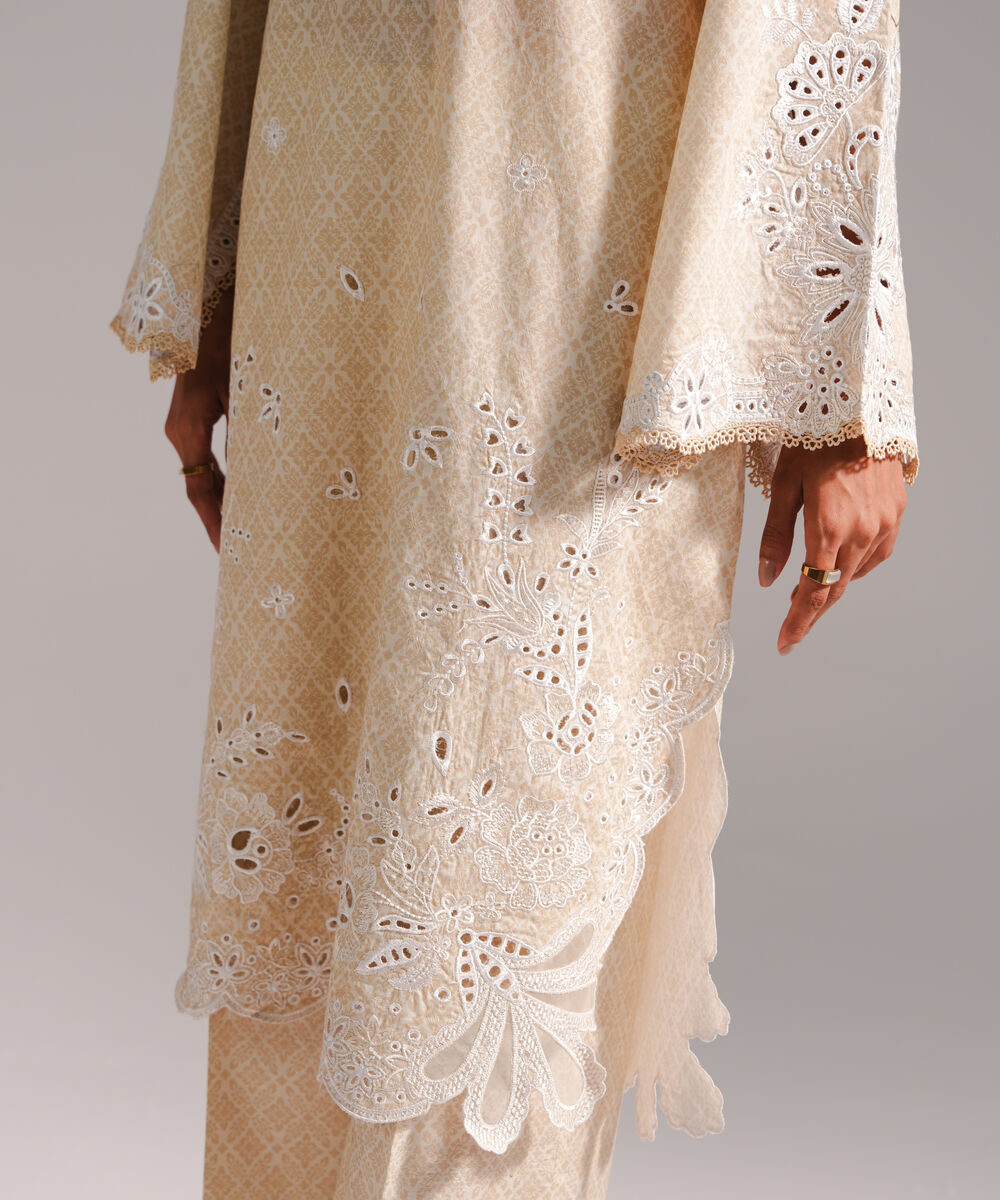 Women's RTW Self Jacquard Embroidered Beige 3 Piece Suit