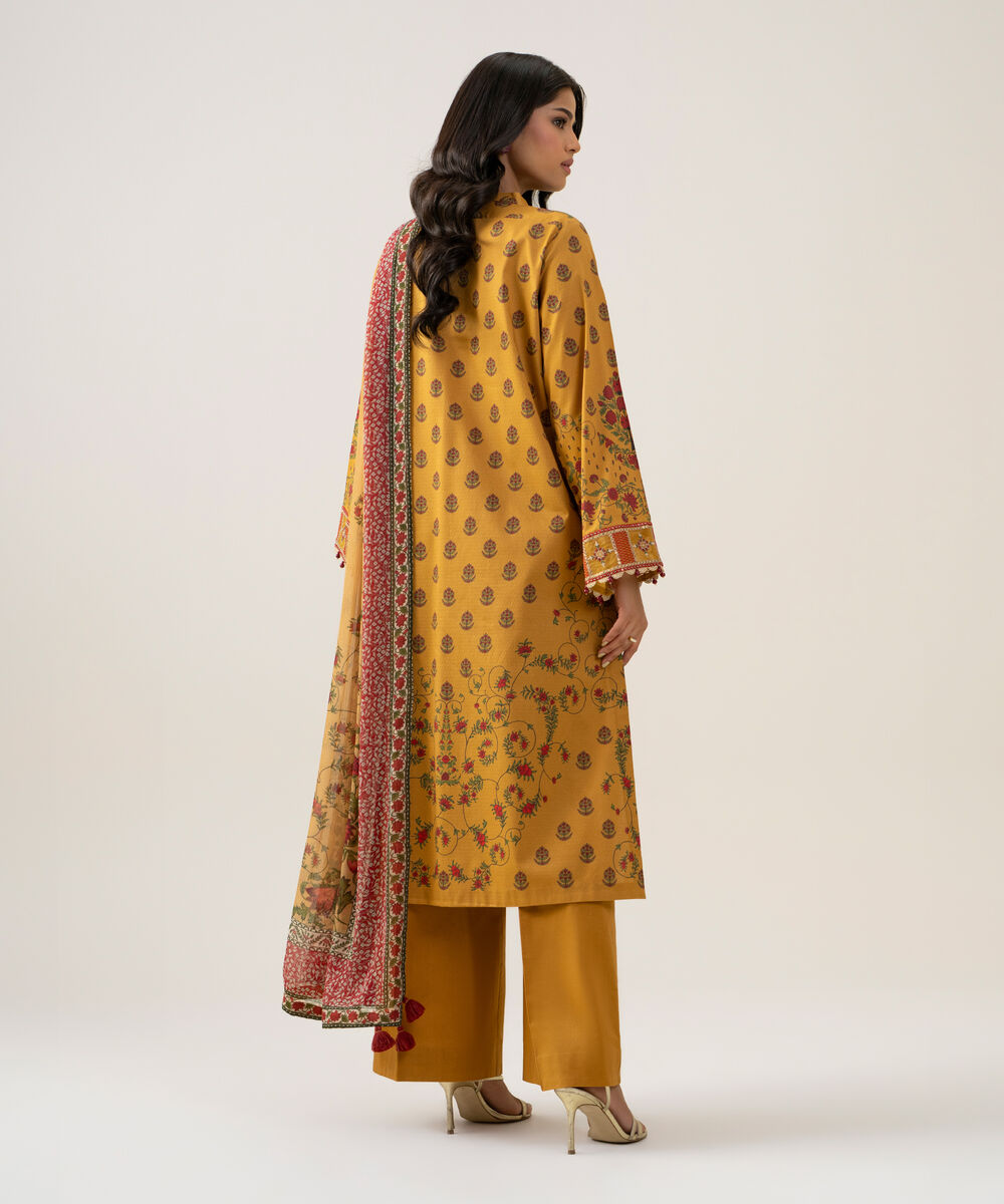 Women's Unstitched Bemberg Tissue Printed Mustard 3 Piece Suit
