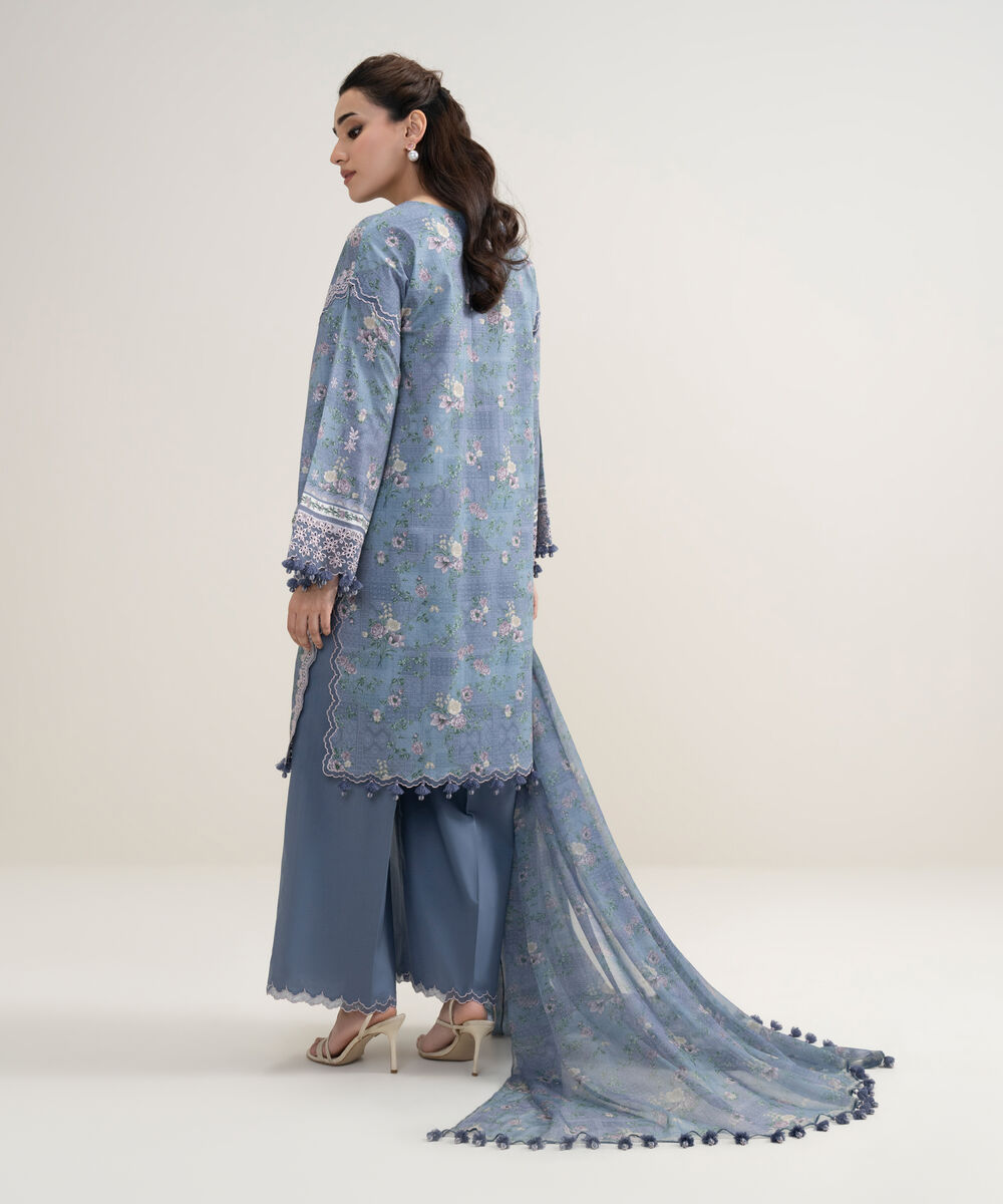 Women's Unstitched Fine Lawn Embroidered Blue  3 Piece Suit