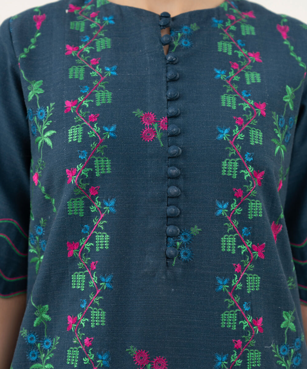 Women's Unstitched Embroidered Khaddar Teal Blue 3 Piece Suit