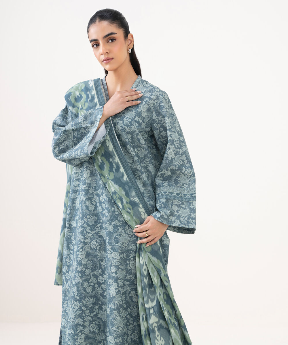 Women's Unstitched Cotton Printed Grey 3 Piece Suit