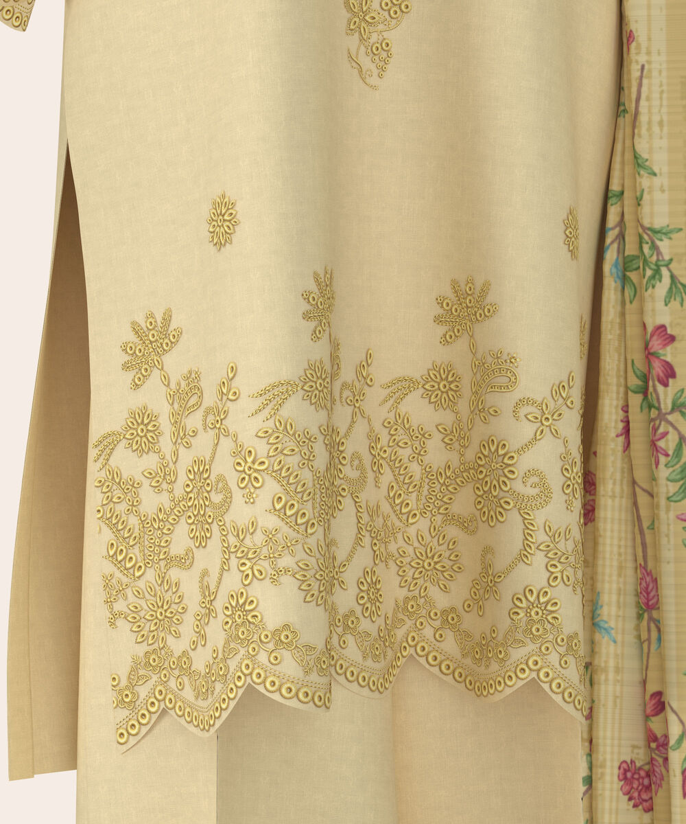 Women's Unstitched Self Jacquard Dull Yellow  Embroidered 3 Piece Suit