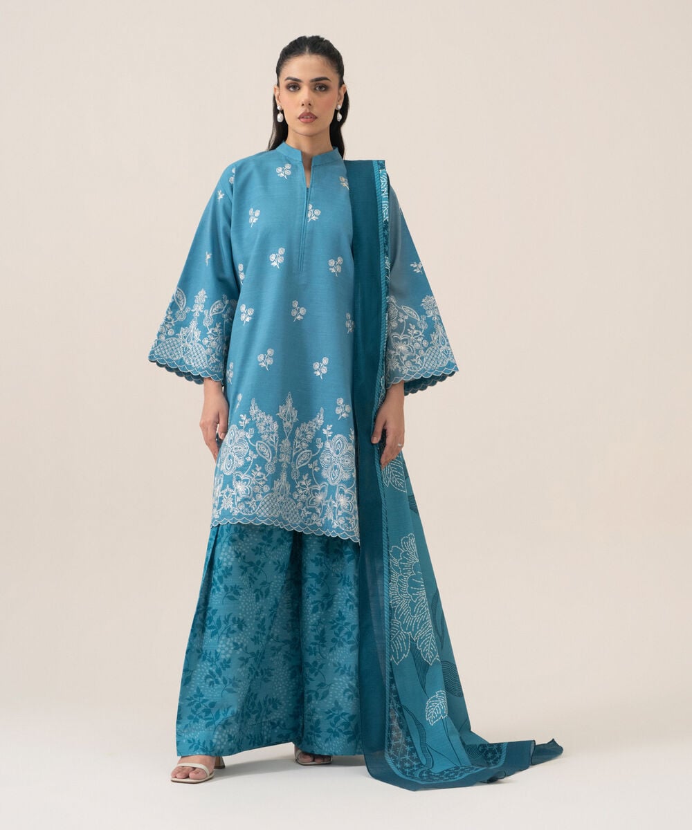 Women's Unstitched Cotton Embroidered Blue 3 Piece Suit