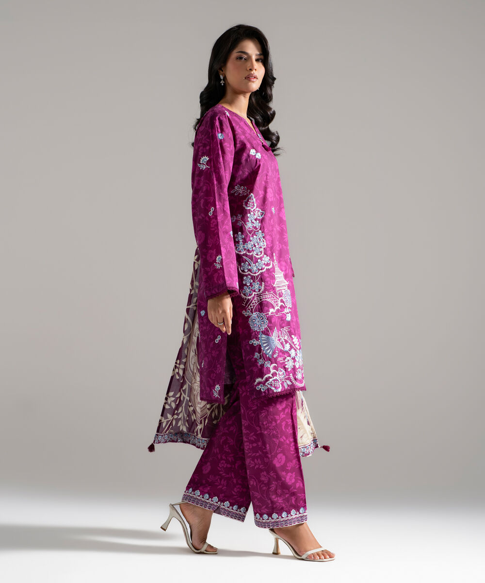 Women's RTW Lawn Embroidered Purple 3 Piece Suit