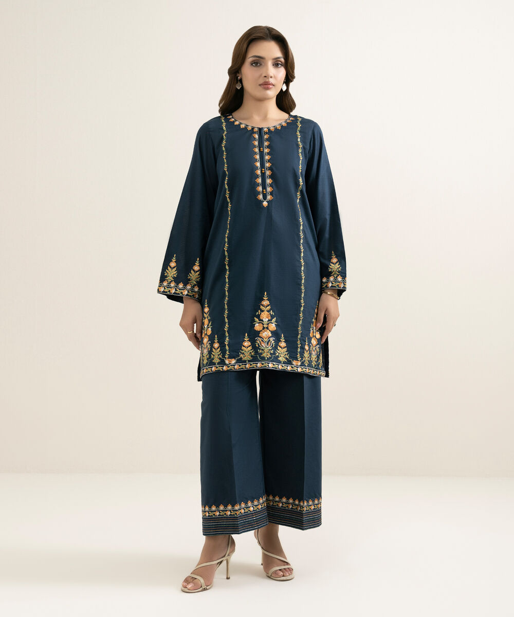 Women's RTW Dobby Embroidered Dark Blue Straight Shirt