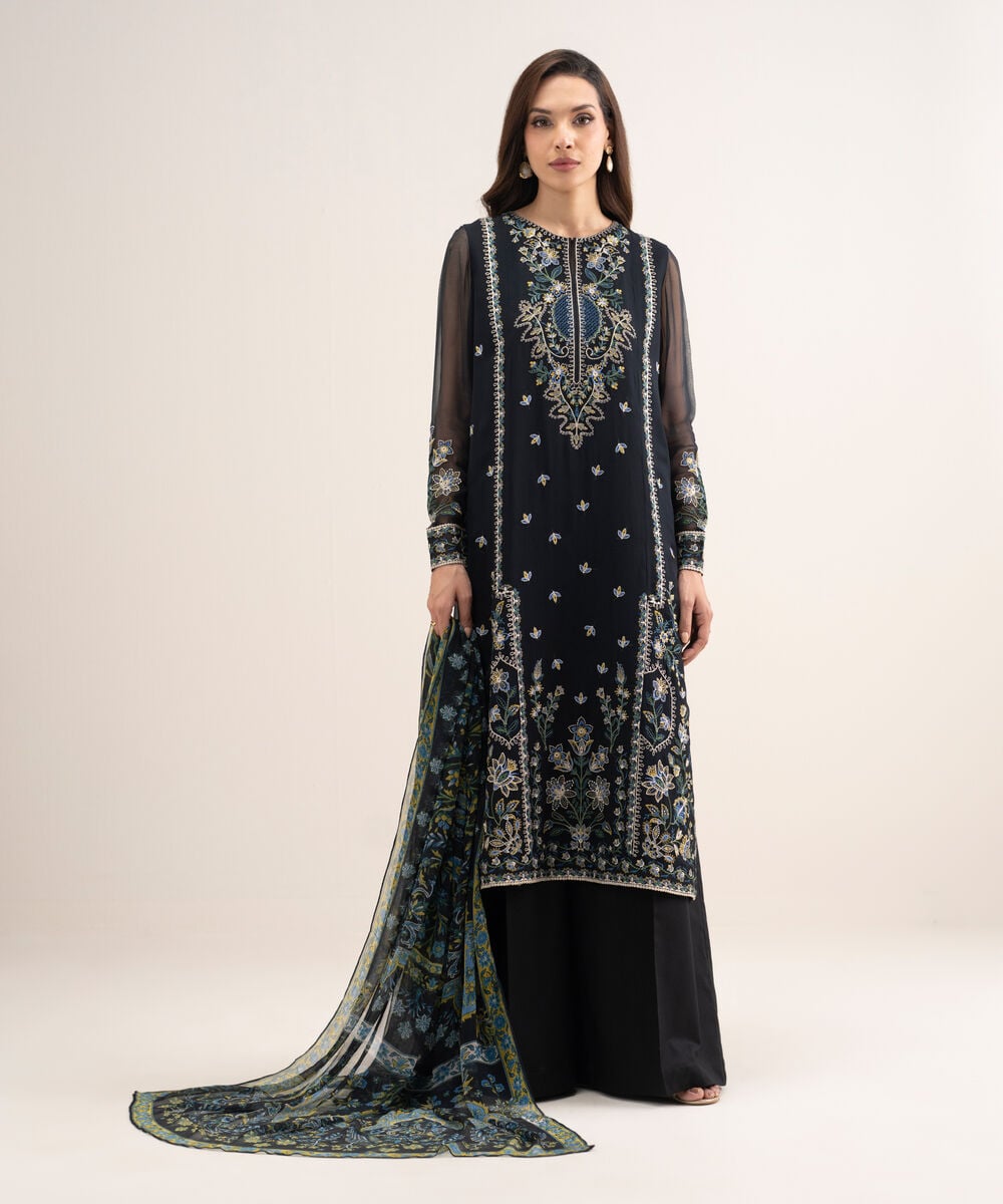 Women's Unstitched Blended Chiffon Embroidered Black 3 Piece Suit