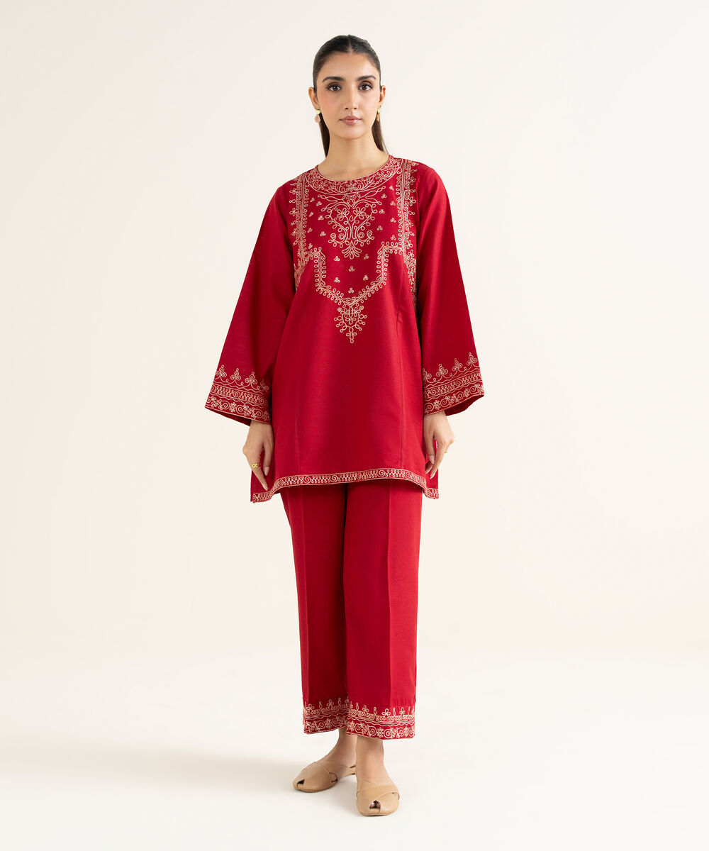 Women's RTW Khaddar Embroidered Red Straight Shirt