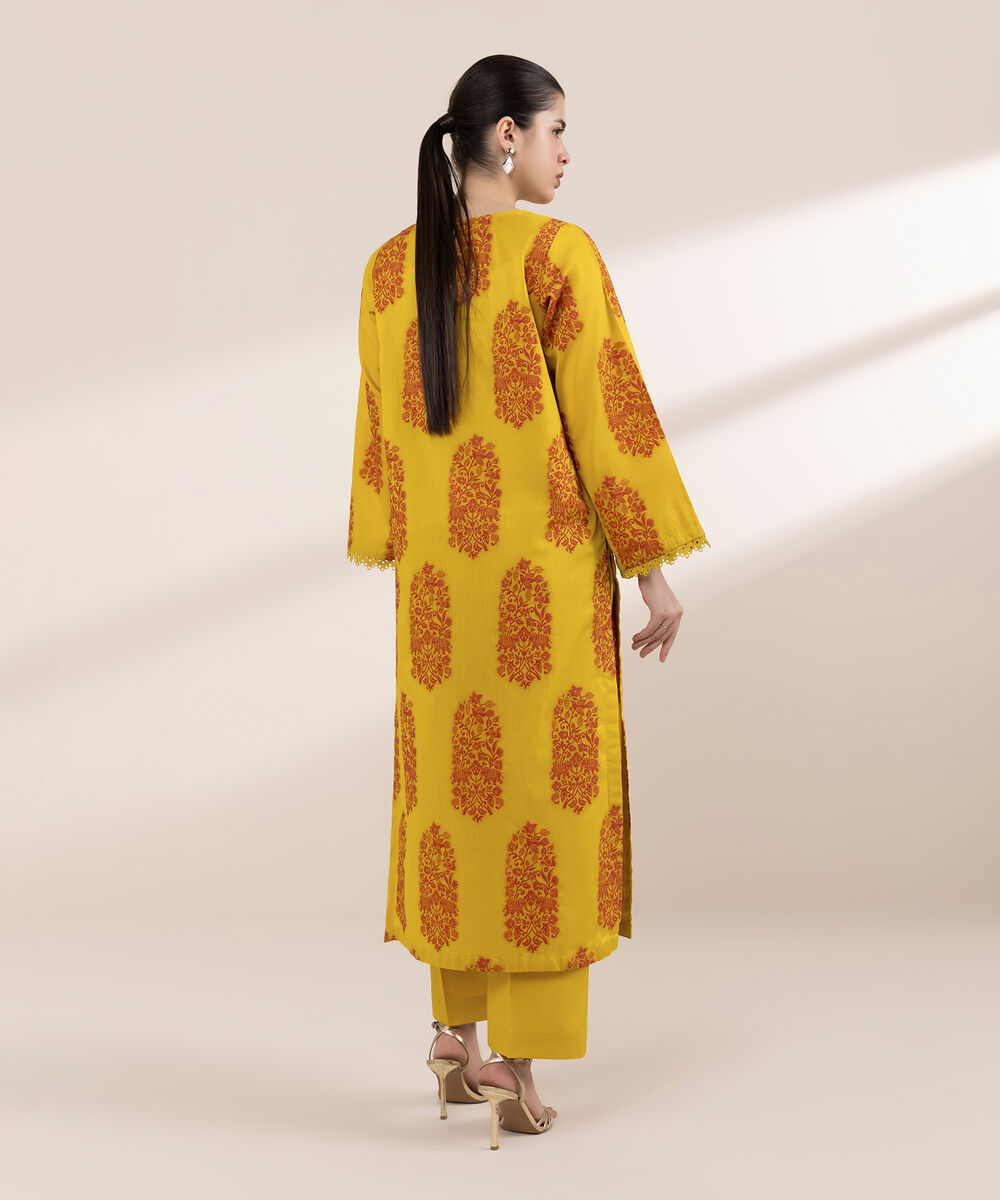 Women's RTW Extra Weft Jacquard Yellow Solid A-Line Shirt