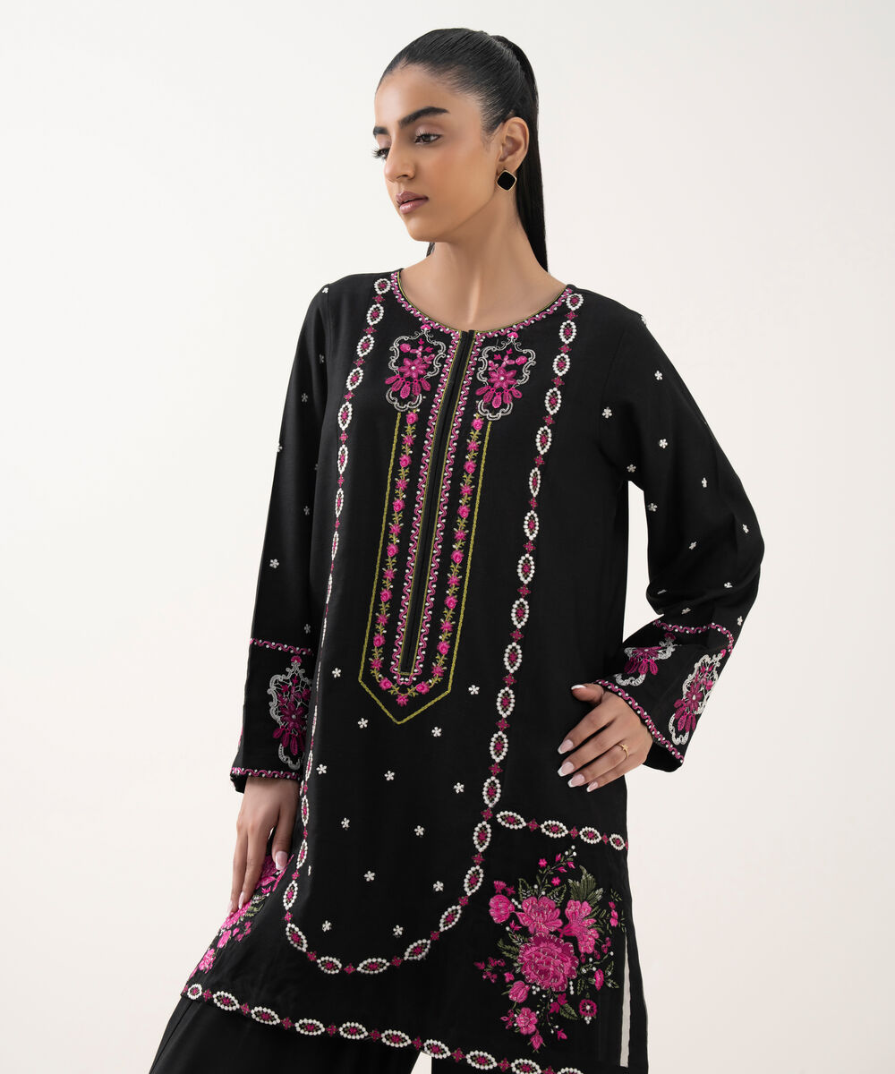 Women's RTW Cotton Viscose Black Embroidered Straight Shirt