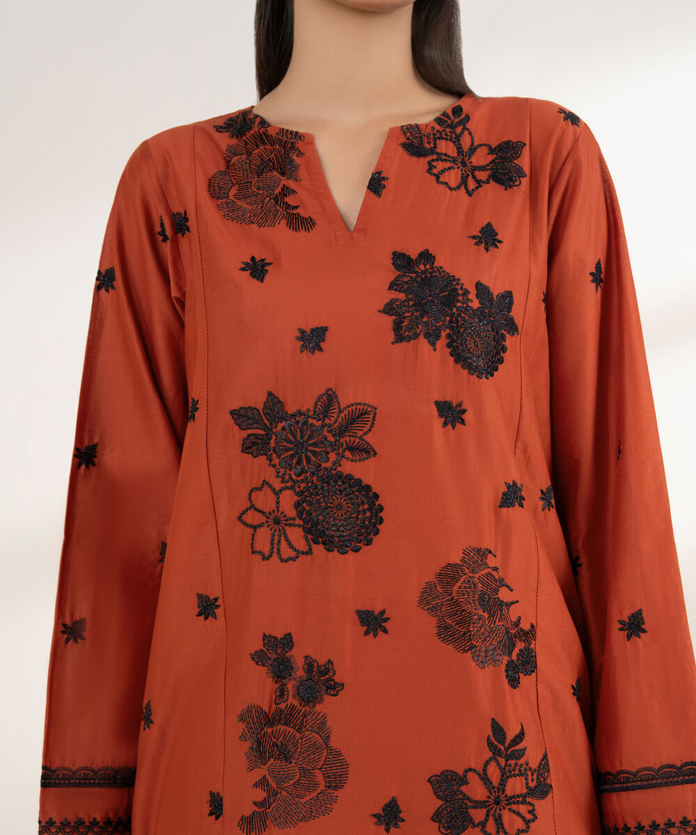 Women's RTW Lawn Orange Embroidered A-Line Shirt