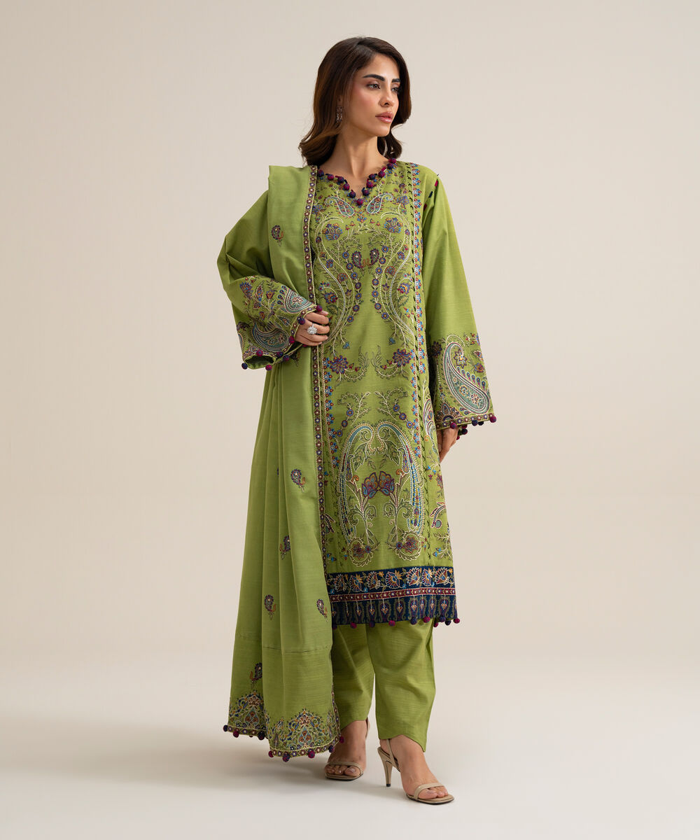 Women's Unstitched Basic Khaddar Embroidered Green 3 Piece Suit