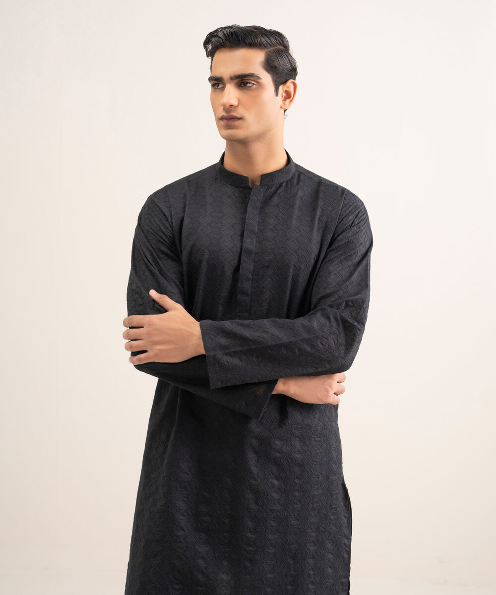 Men'S Stitched Black Premium Cotton Suit