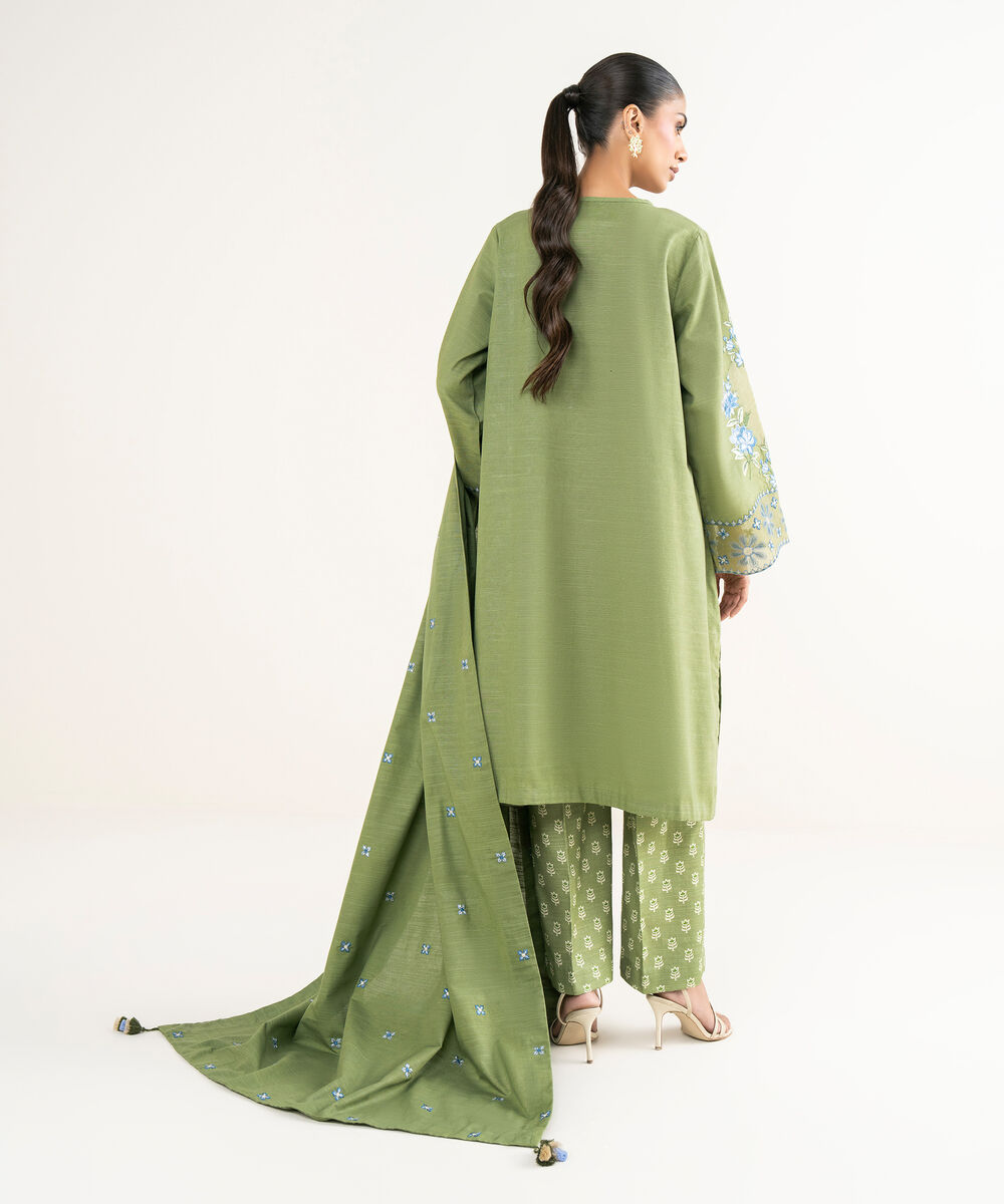 Women's Unstitched Khaddar Embroidered Green 3 Piece Suit