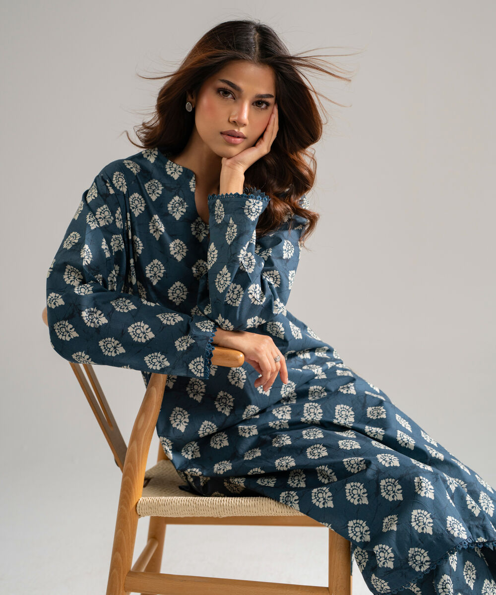 Women's RTW Lawn Printed Dark Blue 2 Piece Suit
