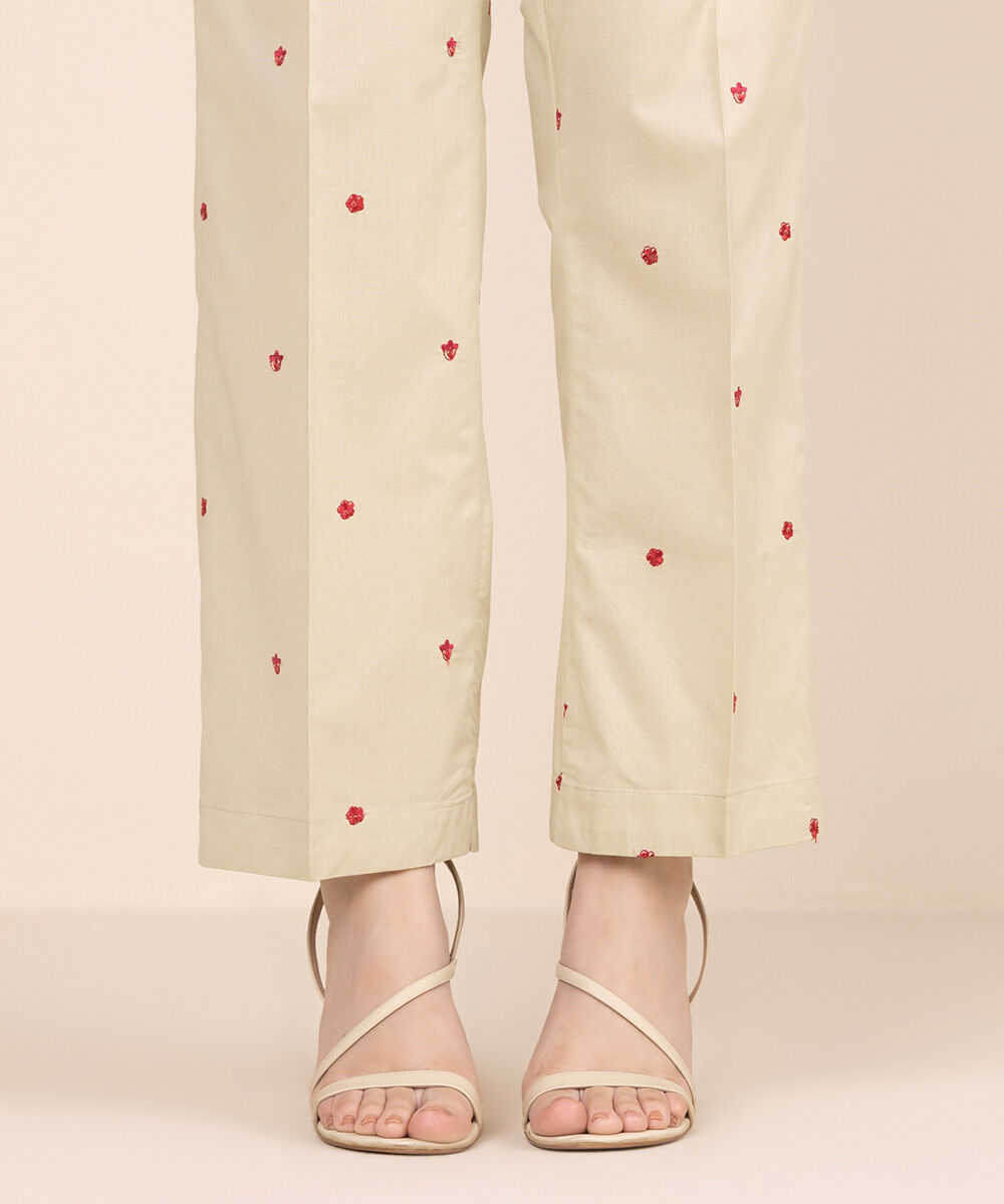 Women's RTW Cambric Green Embroidered Straight Pants
