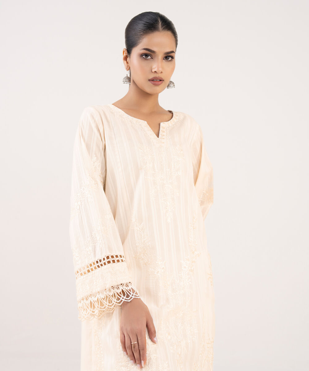 Women's RTW Textured Lawn Off White Embroidered A-Line Shirt