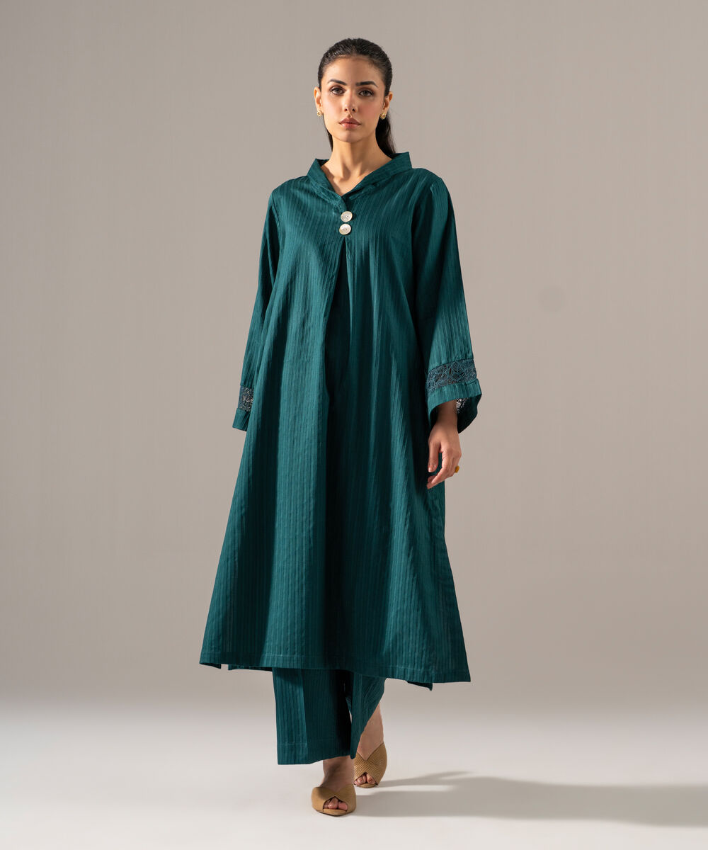 Women's RTW Dobby Strip Solid Teal 2 Piece Suit