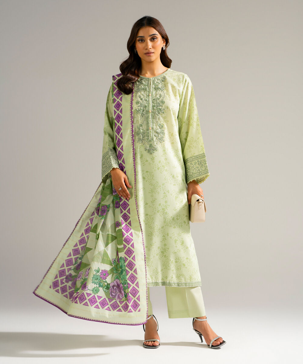 Women's RTW Zari Lawn Embroidered Green 3 Piece Suit
