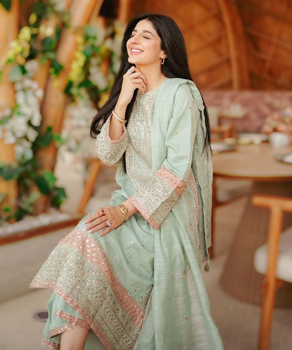 Women's RTW Self Jacquard Leno Embroidered Mint Green A-Line Shirt